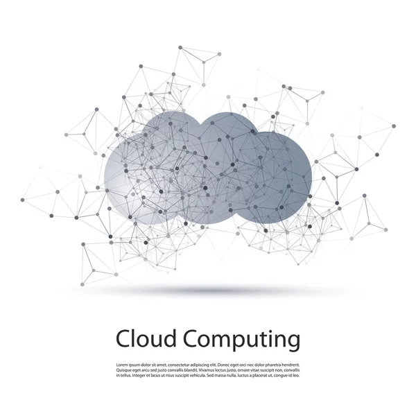 Computación en la nube mínima en blanco y negro, estructura de redes, diseño de conceptos de telecomunicaciones con Wireframe geométrico transparente — Archivo Imágenes Vectoriales