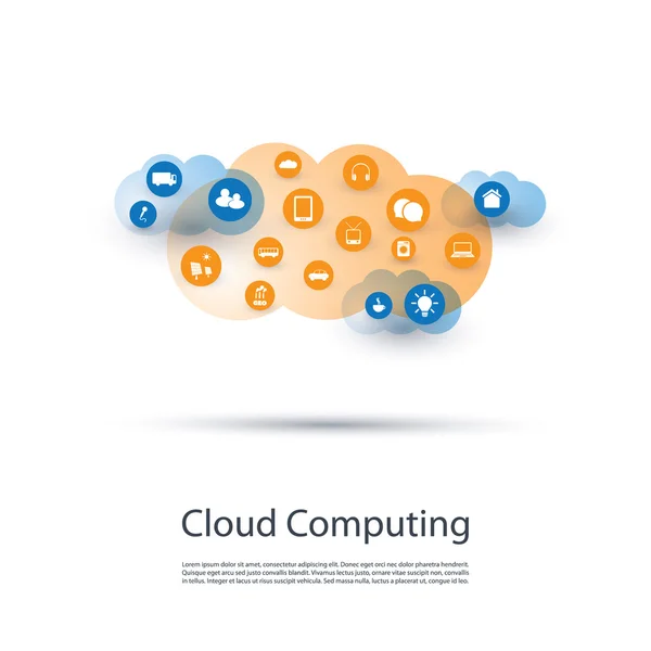 Cloud Computing, Iot, Iiot, Networking, technologie van de toekomst Concept achtergrond, creatieve ontwerpsjabloon met pictogrammen — Stockvector