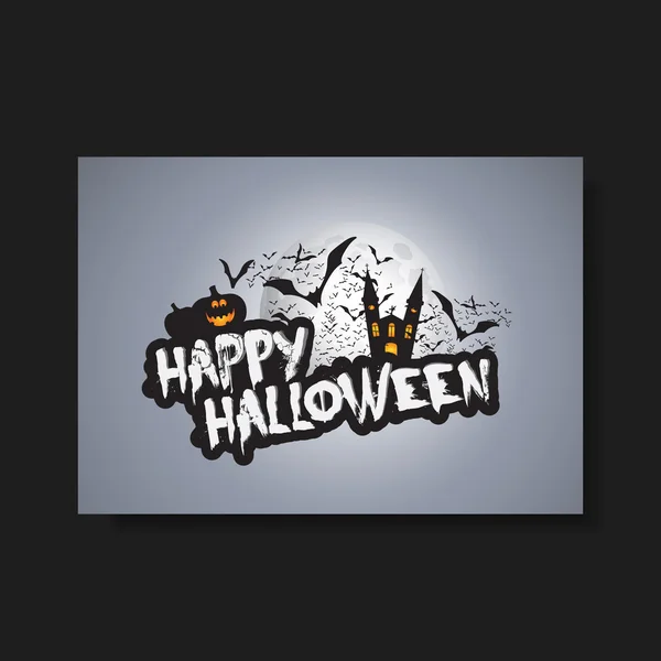 Happy Halloween Card, Volantino o modello di copertura - Pipistrelli volanti su un castello oscuro e zucche spettrali con occhi luminosi — Vettoriale Stock
