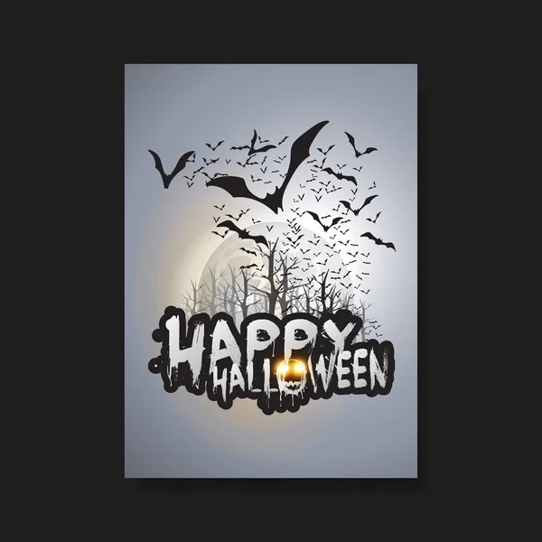 Mutlu Cadılar Bayramı kartı, el ilanı veya kapak şablonu - sonbahar Woods ve parlayan gözleri ürkütücü yaratıklar üzerinde yarasalar uçan — Stok Vektör