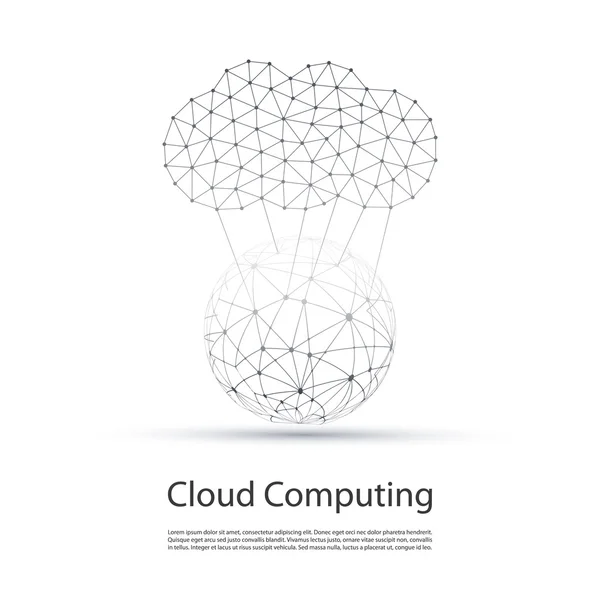 Computación en nube mínima en blanco y negro, estructura de redes, diseño de conceptos de telecomunicaciones con Wireframe — Vector de stock