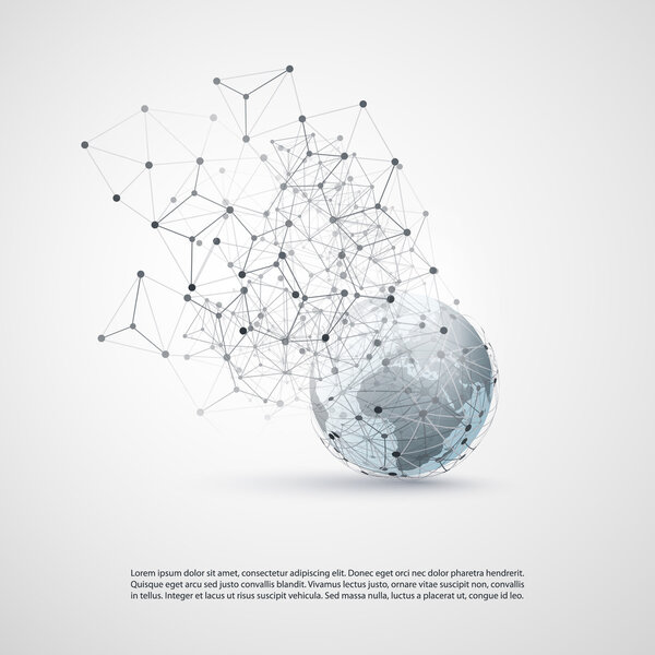 Abstract Cloud Computing and Global Network Connections Concept Design with Transparent Geometric Mesh, Wireframe Sphere, Earth Globe