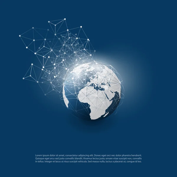 Computación en la nube abstracta y conexiones de red globales Concepto de diseño con malla geométrica transparente, esfera de Wireframe, globo terrestre — Archivo Imágenes Vectoriales