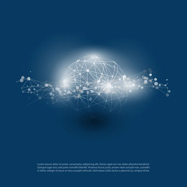Design astratto del cloud computing e delle connessioni di rete globali Concetto con maglia geometrica trasparente, sfera wireframe — Vettoriale Stock