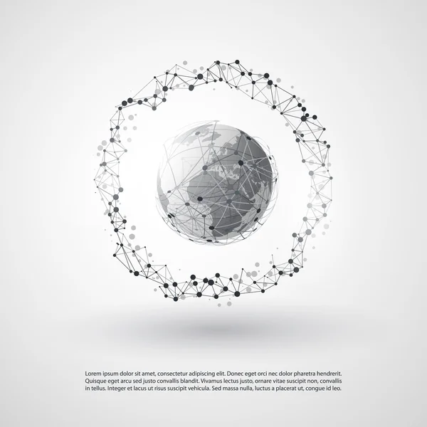 Computación en nube abstracta y diseño de conceptos de conexiones de red globales con malla geométrica transparente, esfera de Wireframe — Vector de stock