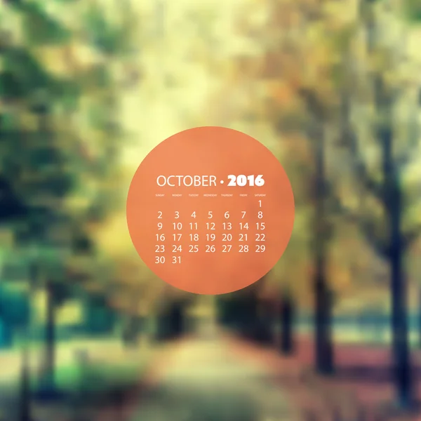 Calendario mensual 2016, Octubre - Diseño de fondo borroso, Bosques, Pasarela de otoño en el Parque — Vector de stock