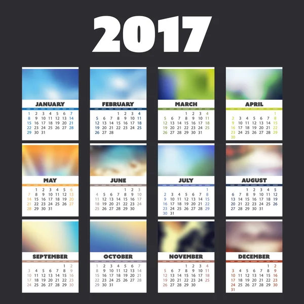 Conception colorée de calendrier de l'année 2017 avec différents milieux pour chaque mois — Image vectorielle