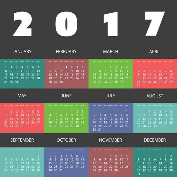 Σχεδίαση πολύχρωμο ημερολόγιο του 2017 με διαφορετικό υπόβαθρο για κάθε μήνα — Διανυσματικό Αρχείο