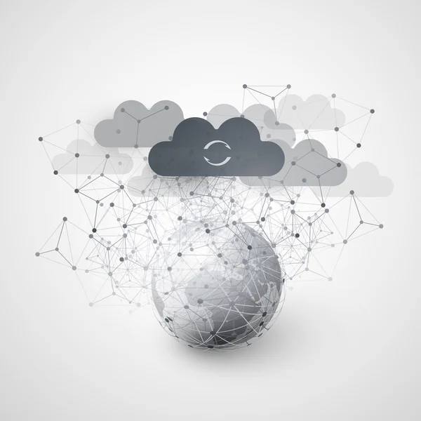 Astratto Cloud Computing e connessioni di rete globali Concept Design con globo terrestre e maglia geometrica trasparente, sfera wireframe — Vettoriale Stock