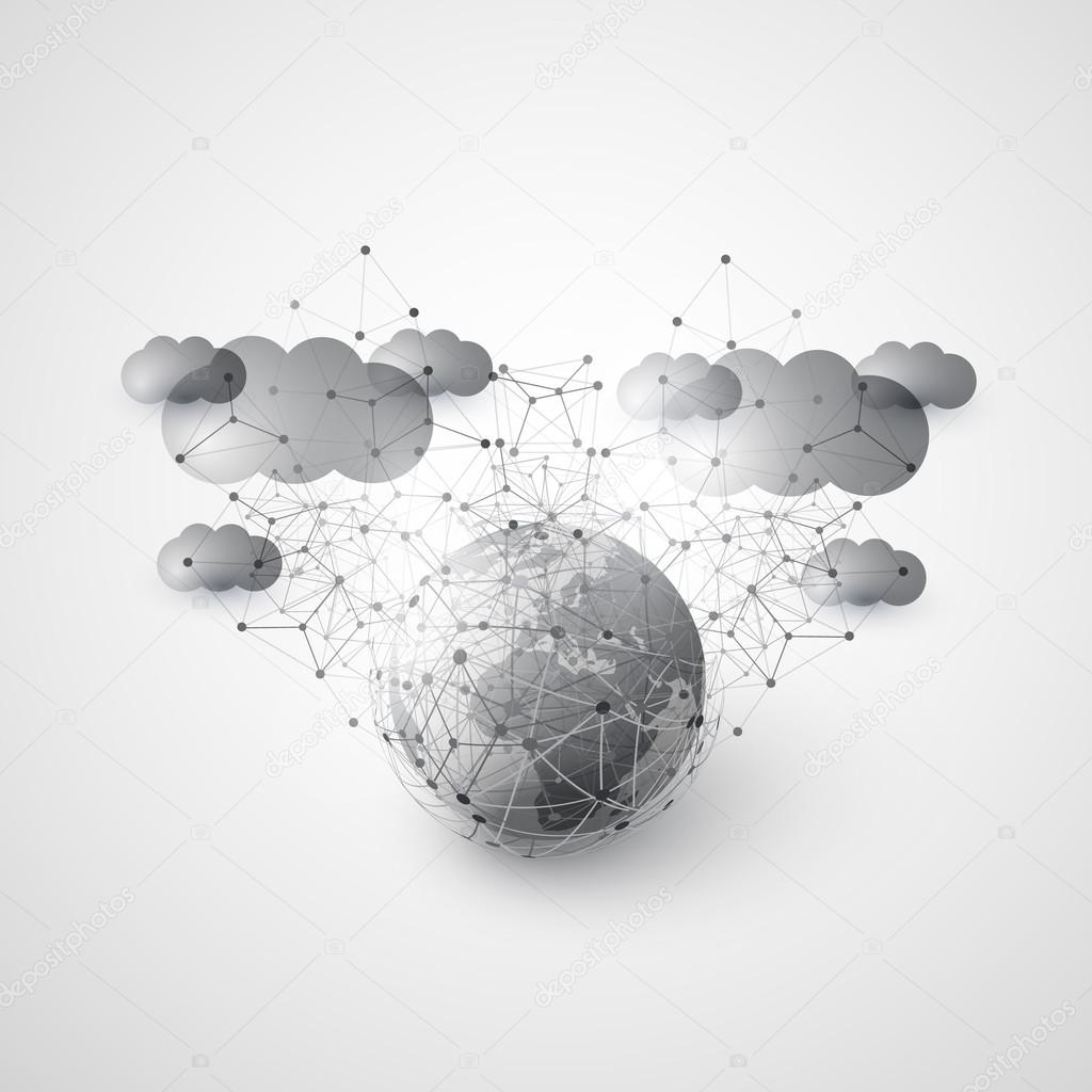 Abstract Cloud Computing and Global Network Connections Concept Design with Earth Globe and Transparent Geometric Mesh, Wire Frame Sphere