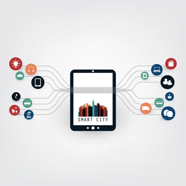 Conceito de Design de Cidade Inteligente Colorido com Ícones - Conexões de Rede Digital, Fundo de Tecnologia —  Vetores de Stock