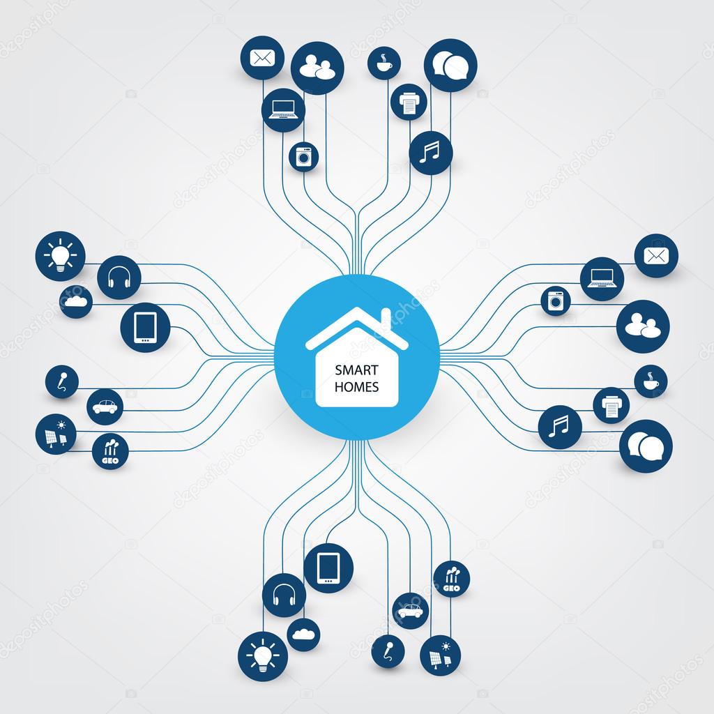 Smart Home Design Concept with Icons - Digital Network Connections, Technology Background