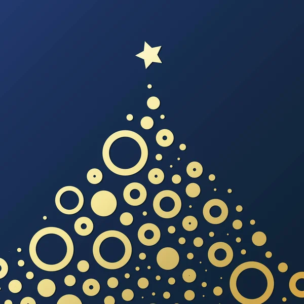 メリークリスマス ハッピーホリデーカード ダークブルーの背景に金色の円で作られたクリスマスツリーの形 — ストックベクタ