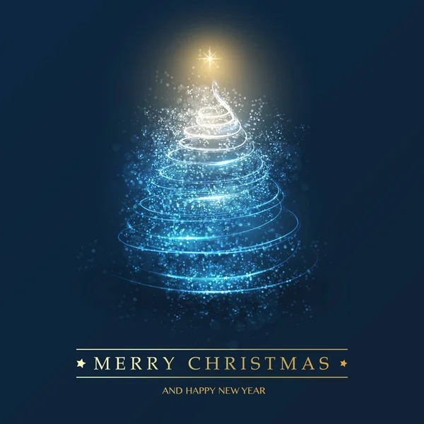 圣诞快乐 节日快乐卡 在深蓝色背景下 由明亮的螺旋光做成的圣诞树形状 — 图库矢量图片