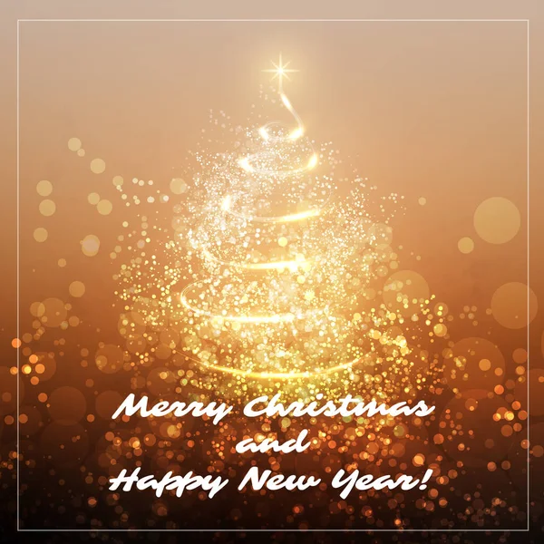 メリークリスマス ハッピーホリデーカード 茶色と金色の背景に明るい光から作られたクリスマスツリーの形 — ストックベクタ