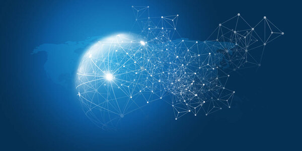 Abstract Blue Minimal Style Cloud Computing, Networks Structure, Telecommunications Concept Design, Network Connections, Transparent Geometric Mesh with World Map and Globe - Vector Illustration
