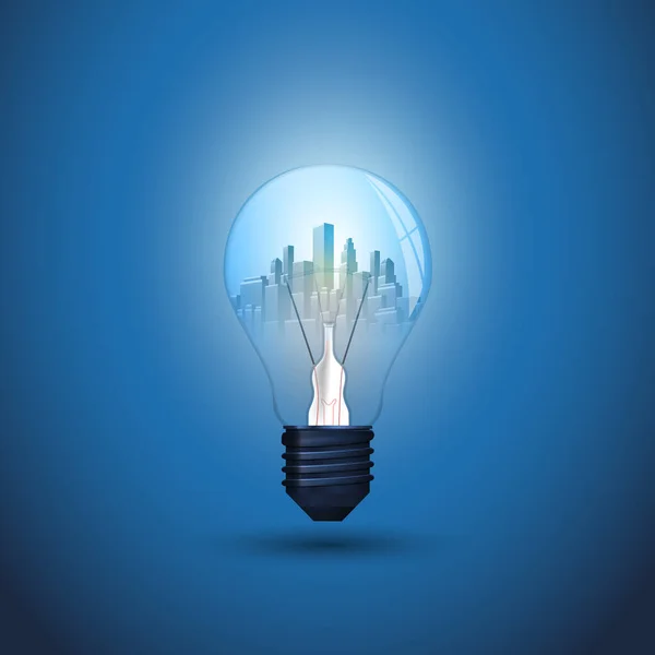 新しいアイデア スマートシティと代替エネルギーコンセプトデザイン 光る電球の中の都市景観 編集可能なベクトル形式でイラスト — ストックベクタ