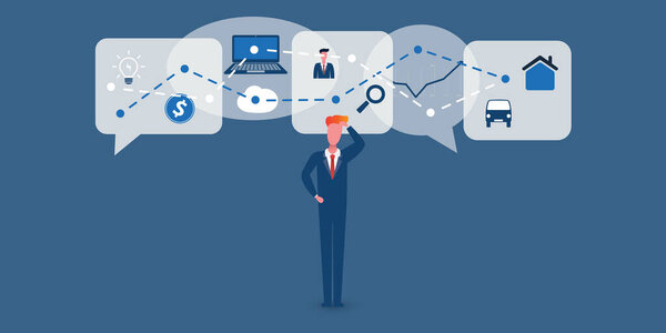 Many Ways of IT and Modern Technology to Use in Businesses - Concept of Confused Business Man with Speech Bubbles Representing Various Technical Recommendations and Solutions