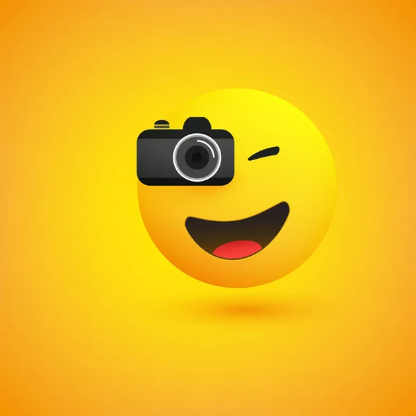 デジタルカメラで写真を撮るシンプルな笑顔の写真家の絵文字 ベクトルデザインイラスト — ストックベクタ