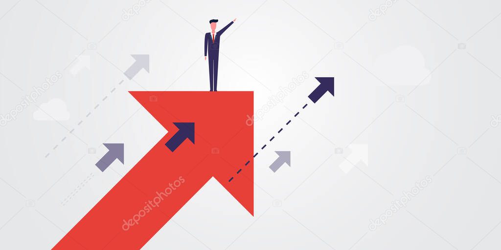 New Possibilities, Hope, Dreams - Business Achievements, Solutions Finding Concept - Man Standing on a Big Up Arrow Showing The Way - Vector Illustration
