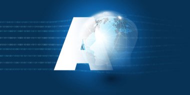 Koyu Mavi Gelecekçi Makine Öğrenme, Yapay Zeka, Bulut Hesaplama, Küresel Hizmetler ve Ağ Tasarımı Dünya Küresi, YZ Etiketi, İnsan Yüzü Silüeti ve İkili Kod Düzeni