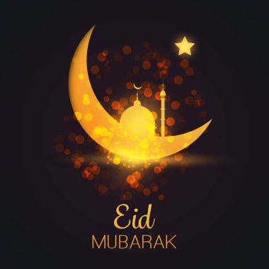 Ramazan Kareem veya Ramazan Mübarek - Müslüman Cemaati için Gece Gökyüzü ve Cami ile Altın Hilal Ay 'da Karanlık Kutlama Kartı Tasarımı