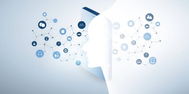 Fütürist Makine Öğrenme, Yapay Zeka, Bulut Hesaplama, IoT, Otomatik Destek Desteği ve Ağ Tasarım Konsepti ile 3D Robot veya İnsan Yüzü Silueti ve Cep Telefonu