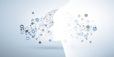 Makine Öğrenme, Yapay Zeka, Bulut Hesaplama ve Ağ Tasarımı İnsan ya da Robot Yüzlü Siluet, Simgeler ve Çokgen Ağ Ağları Konsepti