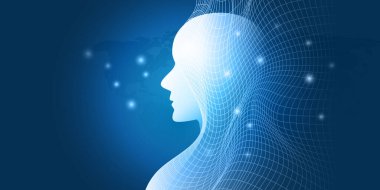 Soyut Makine Öğrenme, Yapay Zeka, Bulut Hesaplama ve Ağ Tasarımı İnsan veya Robot Silueti ve Dalgalı Geometrik Ağ Ağı, Parlak Düğümler Çevresinde