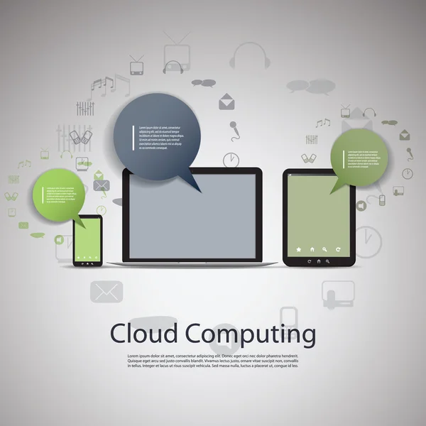 Cloud computing koncepce s notebooku, tabletu a chytrý telefon — Stockový vektor