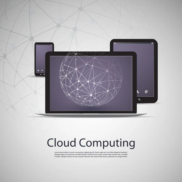 Concetto di cloud computing e reti con computer portatile, tablet e smartphone — Vettoriale Stock