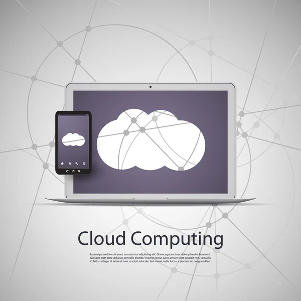 Cloud Computing e Networks Conceito com Computador Laptop e Telefone Inteligente — Vetor de Stock