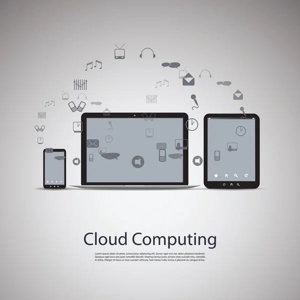 Concepto de computación en nube y redes con computadora portátil, tableta y teléfono inteligente — Vector de stock