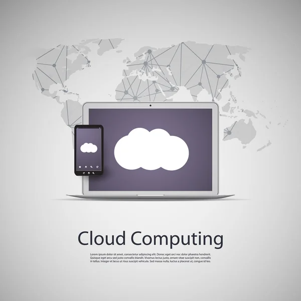 Concetto di cloud computing e reti con computer portatile e smartphone — Vettoriale Stock