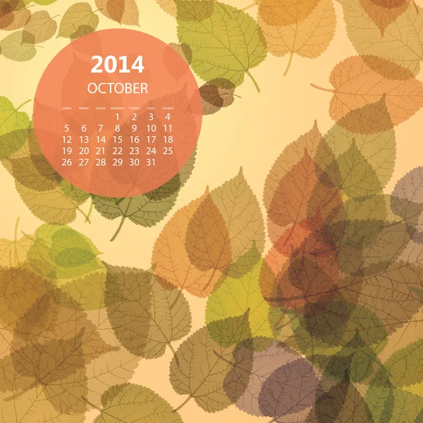 Plantilla de calendario 2014 octubre - Hojas caídas — Vector de stock