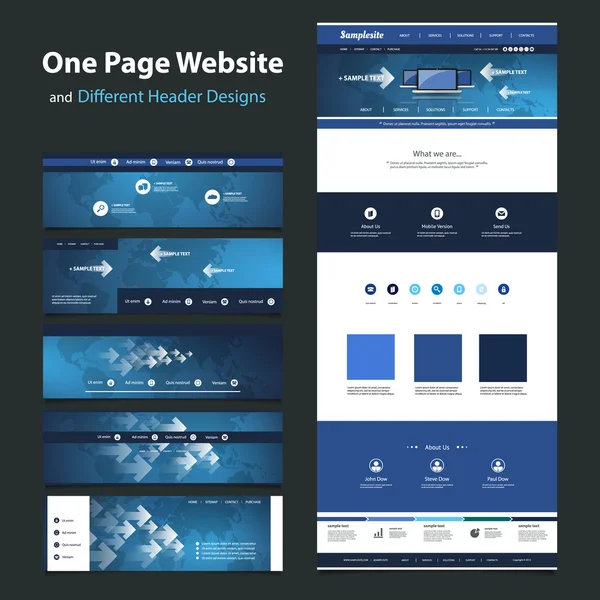 Bir sayfa web sitesi tasarım şablonu ve farklı üstbilgi motifler - Internet, dünya çapındaki bağlantıları, küresel ağ — Stok Vektör