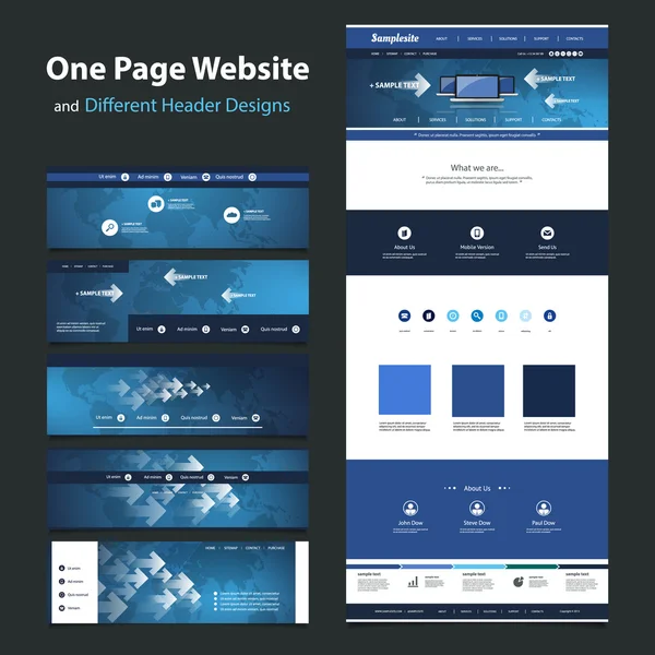 En sida webbplats formgivningsmall och olika Header modeller - Internet, världsomspännande anslutningar, globala nätverk — Stock vektor