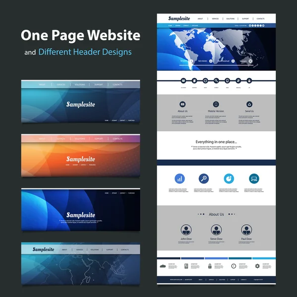 Bir sayfa web sitesi şablonu ve farklı başlık tasarımları