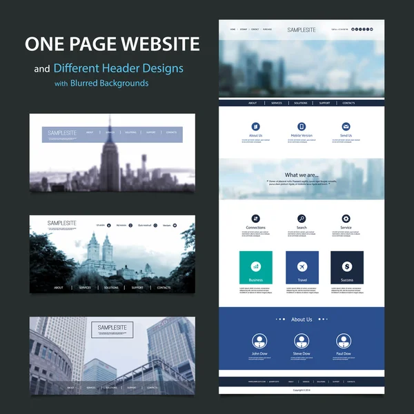 Eine Seite Website-Vorlage und verschiedene Header-Designs mit verschwommenem Hintergrund — Stockvektor