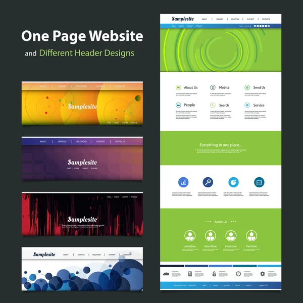 One Page Website Template and Different Header Designs — Stock Vector