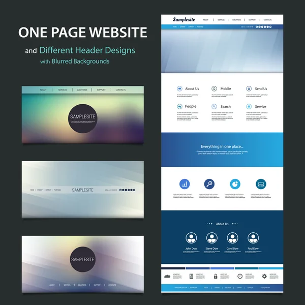 Eine Seite Website-Vorlage und verschiedene Header-Designs mit verschwommenen Hintergründen — Stockvektor