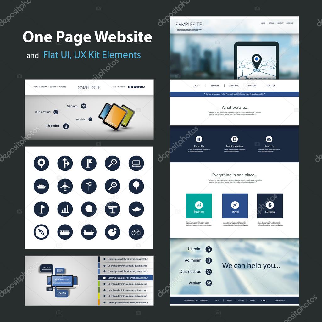 One Page Website Design Template and Flat UI, UX Elements