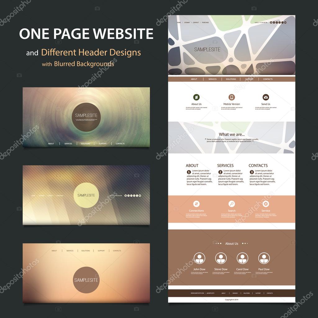 One Page Website Template and Collection of Different Header Designs with Blurred Backgrounds