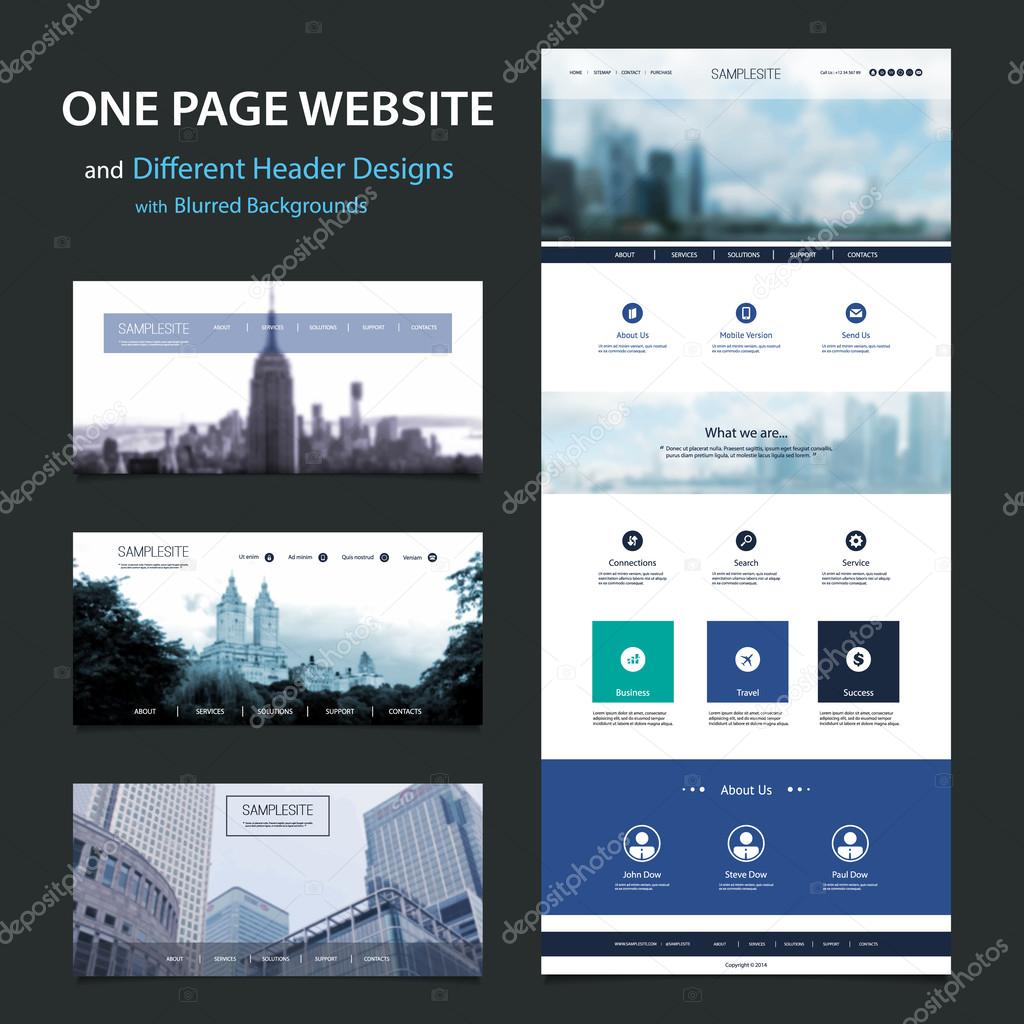 One Page Website Template and Different Header Designs with Blurred Background