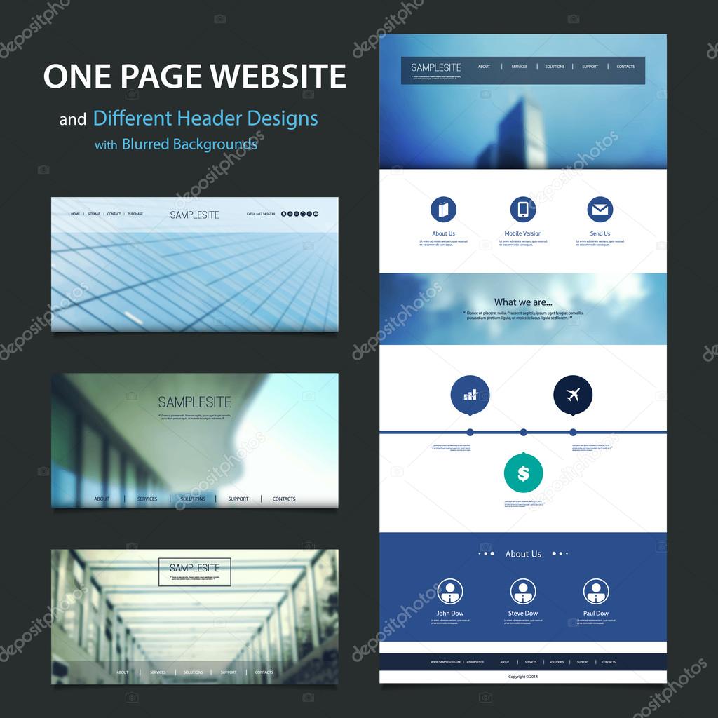 One Page Website Template and Different Header Designs with Blurred Background