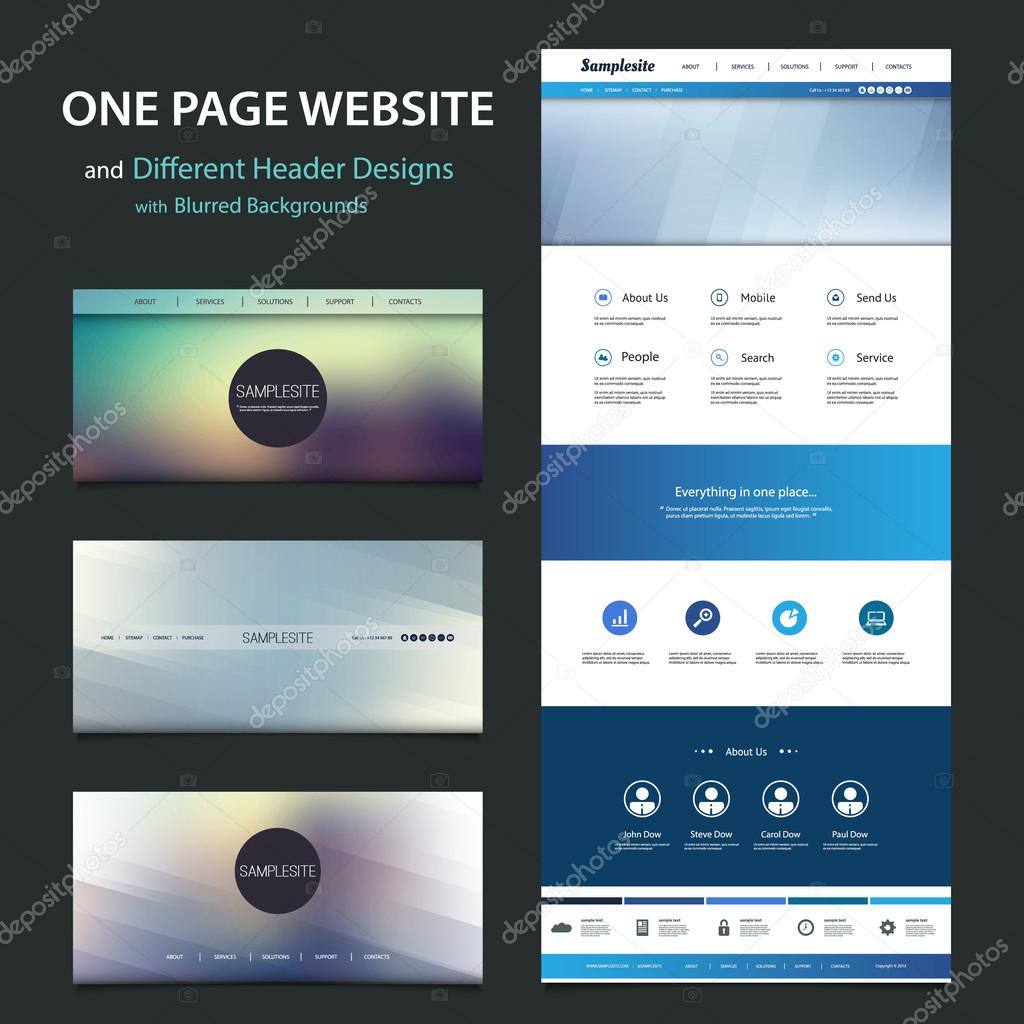 One Page Website Template and Different Header Designs with Blurred Backgrounds
