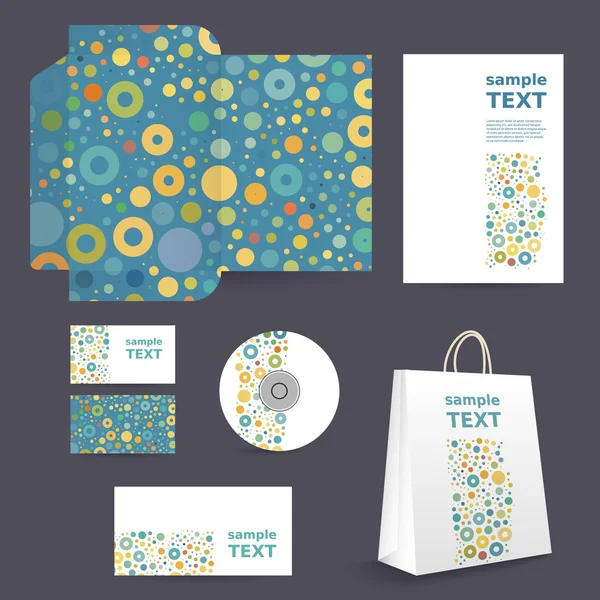 Plantilla de papelería, diseño de imagen corporativa con patrón colorido - puntos, anillos, burbujas — Vector de stock