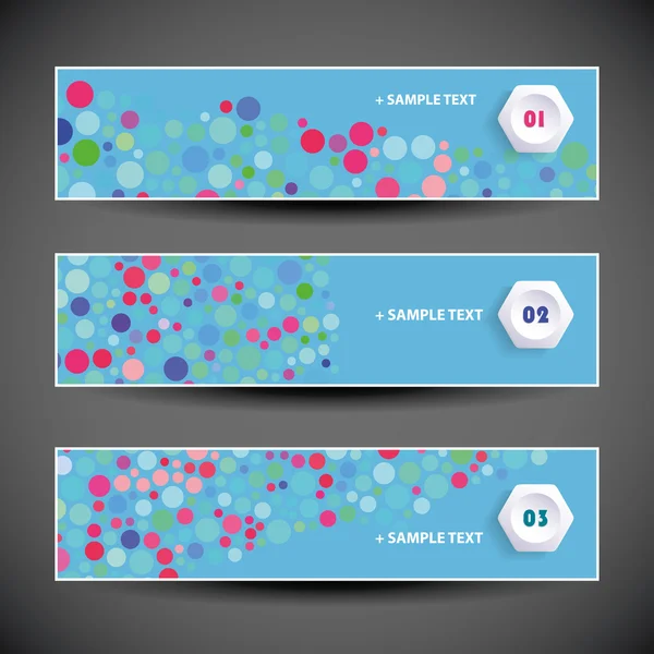 Colorido conjunto de tres diseños de cabecera con puntos y círculos — Archivo Imágenes Vectoriales