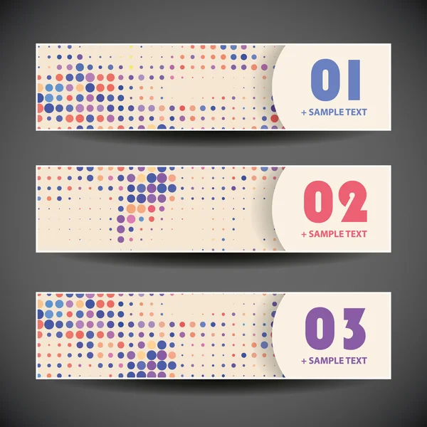 Conjunto de vetores coloridos de três projetos de cabeçalho com pontos e círculos — Vetor de Stock