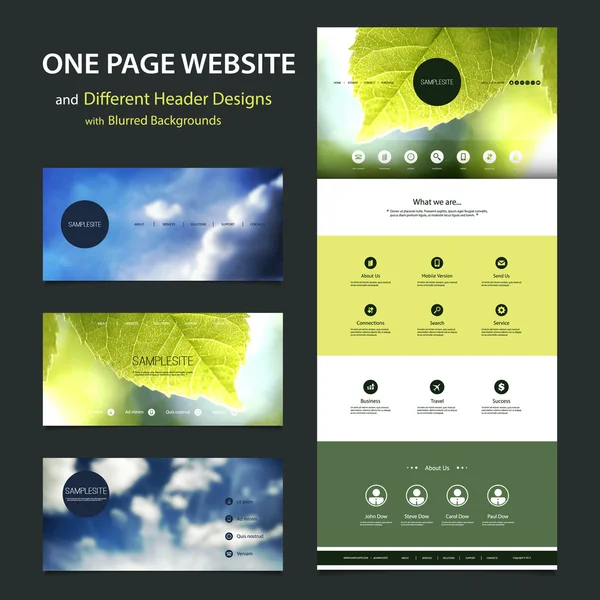 Plantilla de sitio web de una página y diferentes diseños de encabezado con cielo nublado borroso y hojas fondos de imagen — Archivo Imágenes Vectoriales